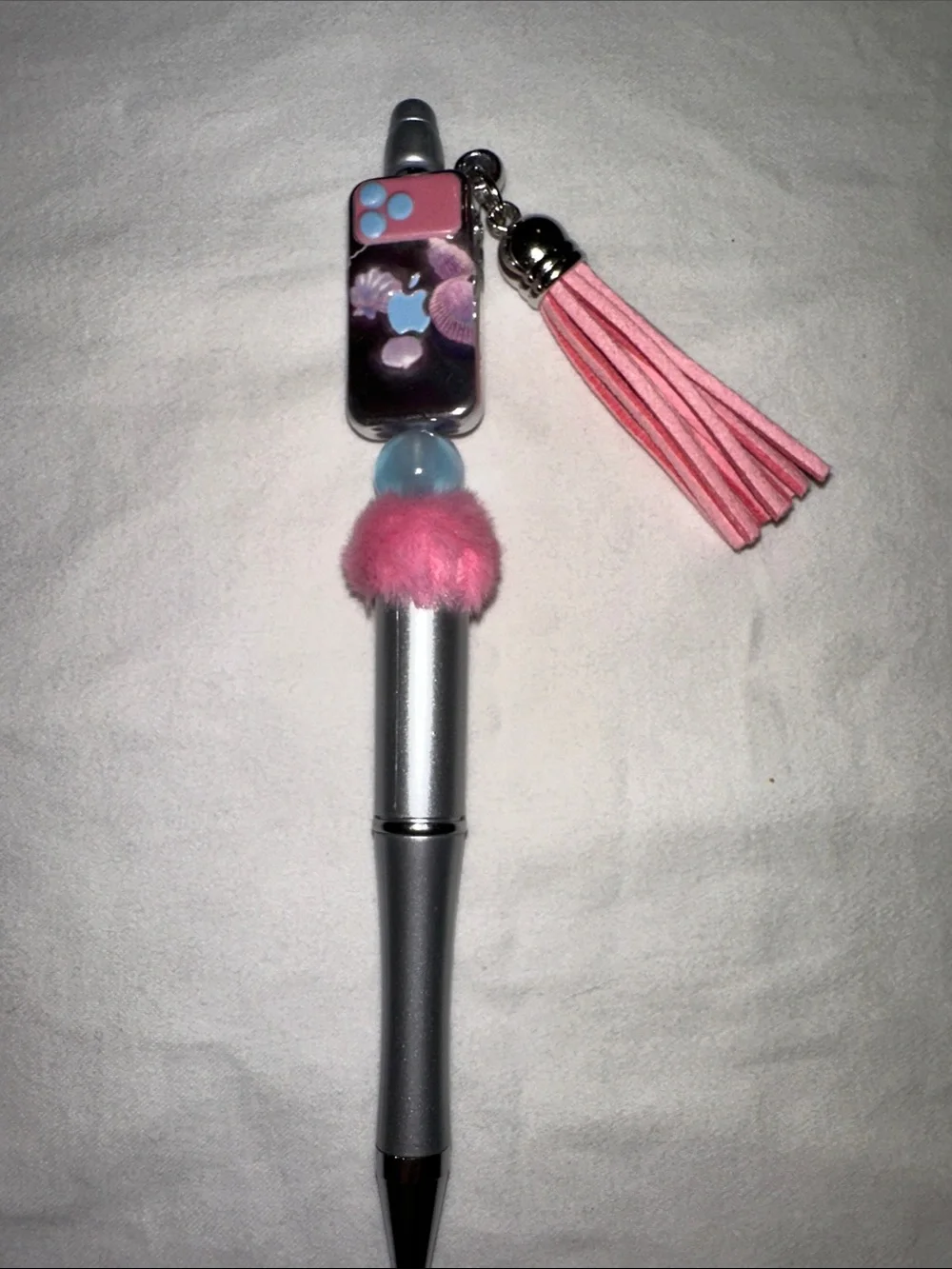 Pink Tassel Beach Themed, cell phone beaded Pom-Pom Pen